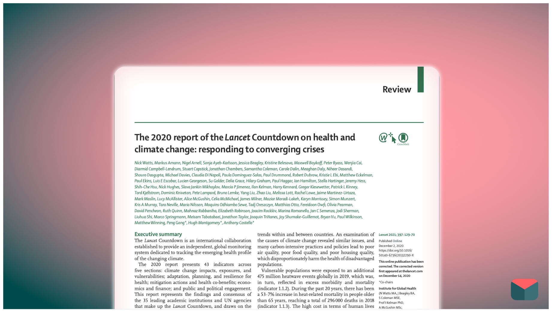 Screenshot der ersten Seite des Lancet Countdown Repots 2020 über Gesundheit und Klimawandel