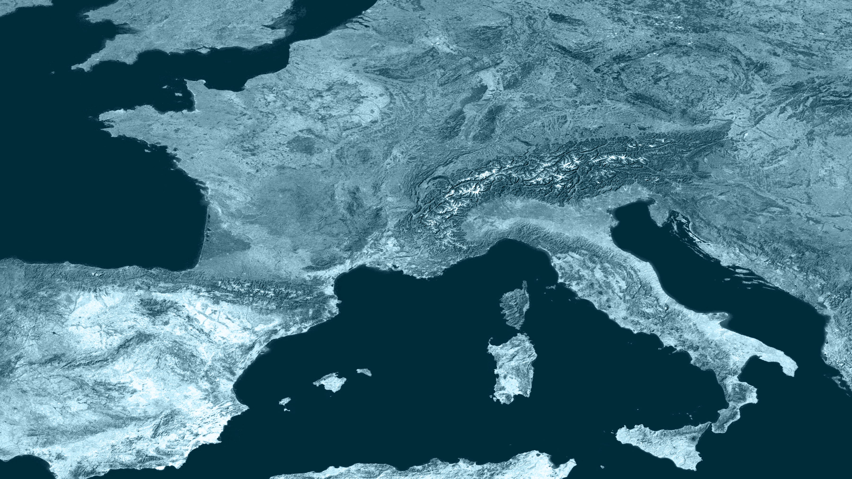 Satellitenbild von Südeuropa mit dunkelgrünem Farboverlay