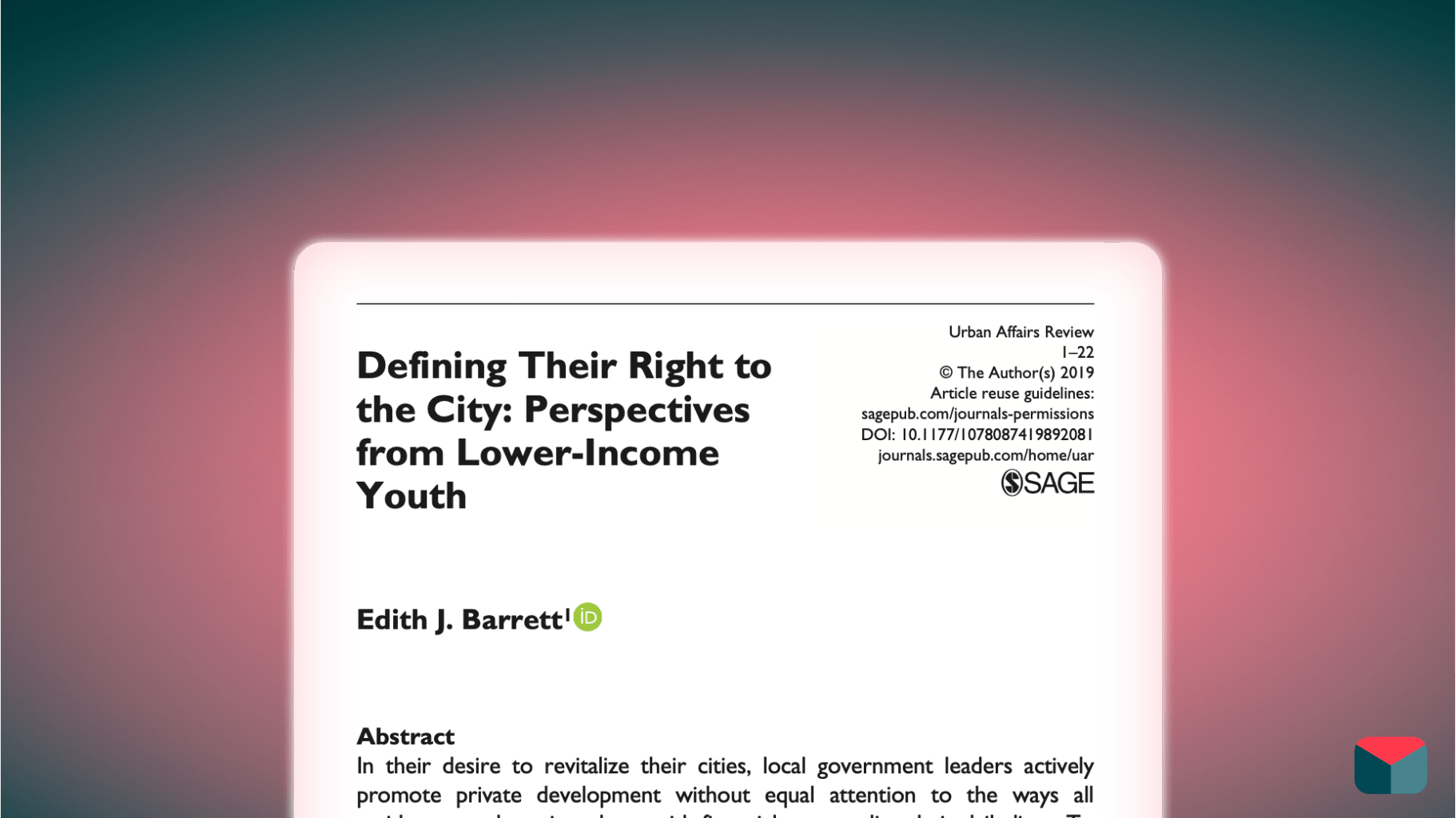 Grafik mit zentralem Screenshot des Papers 'Defining Their Right to the City: Perspectives from Lower-Income Youth'